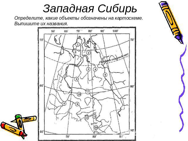 Западная Сибирь Определите, какие объекты обозначены на картосхеме. Выпишите их названия.