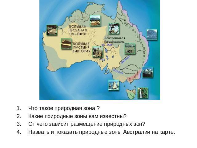 Что такое природная зона ?Какие природные зоны вам известны?От чего зависит размещение природных зон?Назвать и показать природные зоны Австралии на карте.