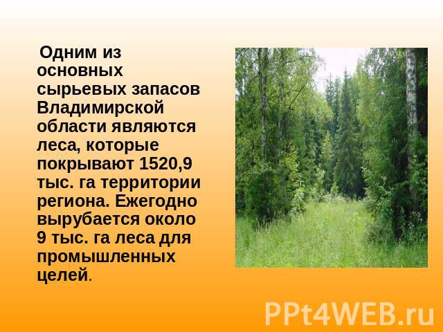 Одним из основных сырьевых запасов Владимирской области являются леса, которые покрывают 1520,9 тыс. га территории региона. Ежегодно вырубается около 9 тыс. га леса для промышленных целей.