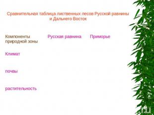 Сравнительная таблица лиственных лесов Русской равнины и Дальнего Восток