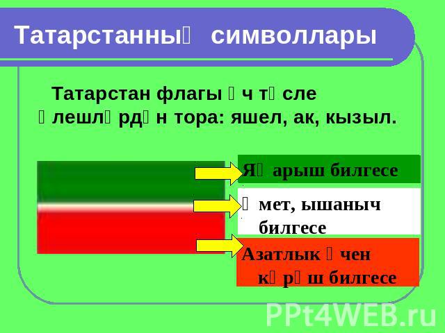 Татарстанның символлары Татарстан флагы өч төсле өлешләрдән тора: яшел, ак, кызыл.