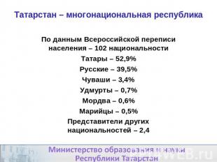 Татарстан – многонациональная республика По данным Всероссийской переписи населе