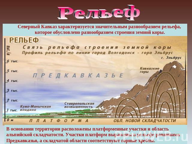 Рельеф Северный Кавказ характеризуется значительным разнообразием рельефа, которое обусловлено разнообразием строения земной коры.В основании территории расположены платформенные участки и область альпийской складчатости. Участки платформ выражены в…