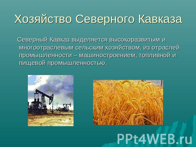 Хозяйство Северного Кавказа Северный Кавказ выделяется высокоразвитым и многоотраслевым сельским хозяйством, из отраслей промышленности – машиностроением, топливной и пищевой промышленностью.