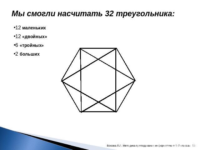 Мы смогли насчитать 32 треугольника: 12 маленьких12 «двойных»6 «тройных»2 больших