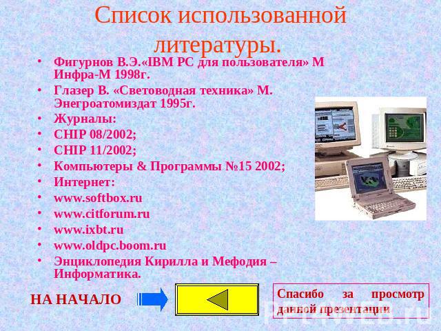 Список использованной литературы. Фигурнов В.Э.«IBM PC для пользователя» М Инфра-М 1998г.Глазер В. «Световодная техника» М. Энегроатомиздат 1995г.Журналы:CHIP 08/2002;CHIP 11/2002;Компьютеры & Программы №15 2002;Интернет:www.softbox.ruwww.citforum.r…