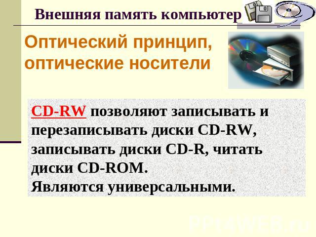 Внешняя память компьютера Оптический принцип, оптические носителиCD-RW позволяют записывать и перезаписывать диски CD-RW, записывать диски CD-R, читать диски CD-ROM. Являются универсальными.