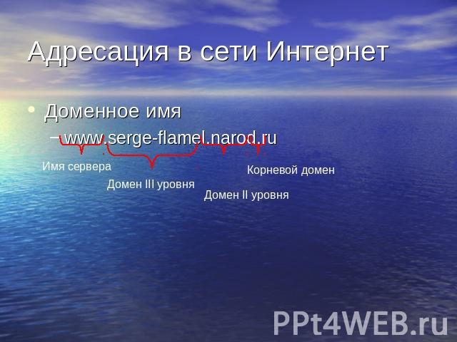 Адресация в сети Интернет Доменное имяwww.serge-flamel.narod.ru