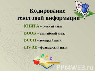 Кодирование текстовой информации КНИГА – русский языкBOOK – английский языкBUCH