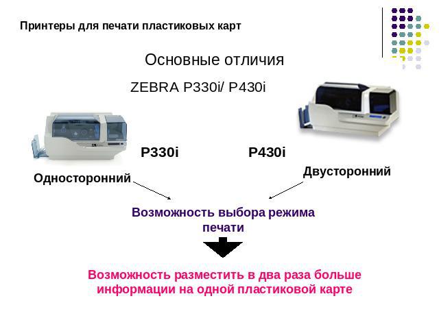 Принтеры для печати пластиковых картОсновные отличияZEBRA P330i/ P430iВозможность выбора режима печатиВозможность разместить в два раза больше информации на одной пластиковой карте