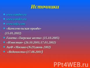 Источники www.ramber.ruwww.yandex.ru www.info.com«Комсомольская правда» (15.01.2