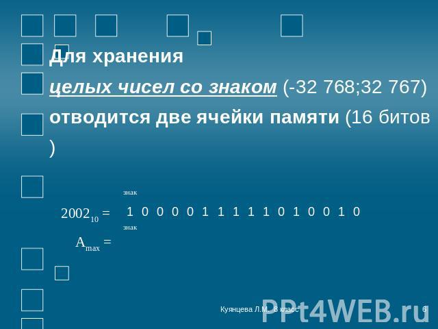 Для хранения целых чисел со знаком (-32 768;32 767)отводится две ячейки памяти (16 битов)