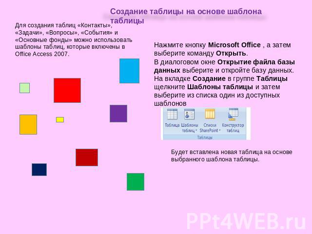 Для создания таблиц «Контакты», «Задачи», «Вопросы», «События» и «Основные фонды» можно использовать шаблоны таблиц, которые включены в Office Access 2007.Нажмите кнопку Microsoft Office , а затем выберите команду Открыть. В диалоговом окне Открытие…