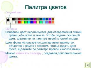 Палитра цветов Основной цвет используется для отображения линий, границ объектов