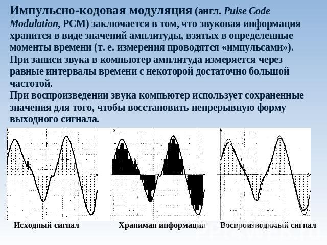 Импульсно-кодовая модуляция (англ. Pulse Code Modulation, PCM) заключается в том, что звуковая информация хранится в виде значений амплитуды, взятых в определенные моменты времени (т. е. измерения проводятся «импульсами»).При записи звука в компьюте…