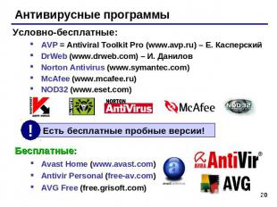 Антивирусные программыУсловно-бесплатные:AVP = Antiviral Toolkit Pro (www.avp.ru