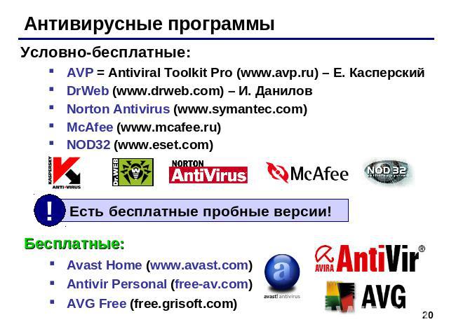 Антивирусные программыУсловно-бесплатные:AVP = Antiviral Toolkit Pro (www.avp.ru) – Е. КасперскийDrWeb (www.drweb.com) – И. ДаниловNorton Antivirus (www.symantec.com)McAfee (www.mcafee.ru)NOD32 (www.eset.com)Бесплатные:Avast Home (www.avast.com)Anti…