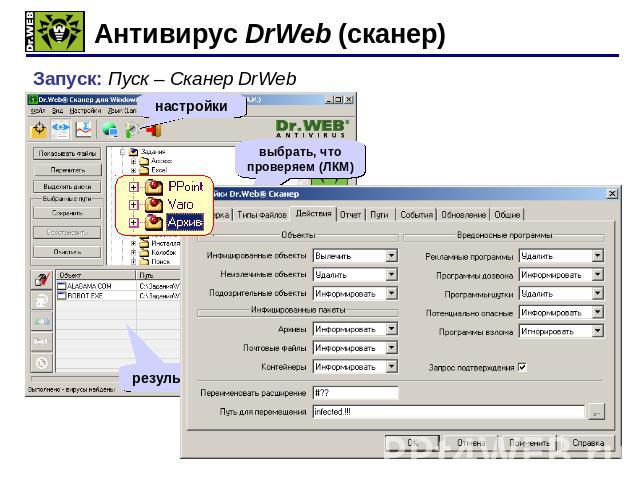 Антивирус DrWeb (сканер)Запуск: Пуск – Сканер DrWeb