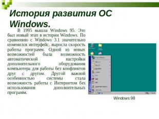 История развития ОС Windows. В 1995 вышла Windows 95. Это был новый этап в истор