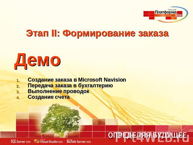 Этап II: Формирование заказа ДемоСоздание заказа в Microsoft NavisionПередача заказа в бухгалтериюВыполнение проводокСоздание счета