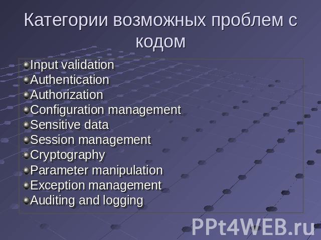 Категории возможных проблем с кодом Input validationAuthenticationAuthorizationConfiguration managementSensitive data Session management CryptographyParameter manipulation Exception management Auditing and logging