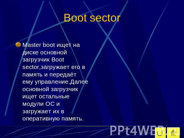 Boot sector Master boot ищет на диске основной загрузчик Boot sector,загружает его в память и передаёт ему управление.Далее основной загрузчик ищет остальные модули ОС и загружает их в оперативную память.