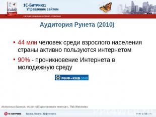 Аудитория Рунета (2010) 44 млн человек среди взрослого населения страны активно