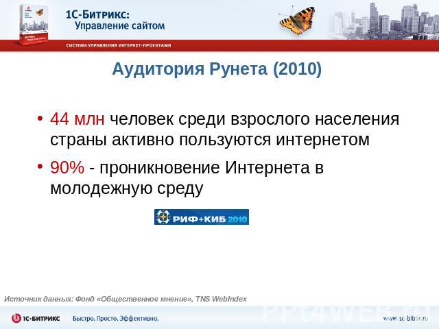Аудитория Рунета (2010) 44 млн человек среди взрослого населения страны активно пользуются интернетом90% - проникновение Интернета в молодежную среду