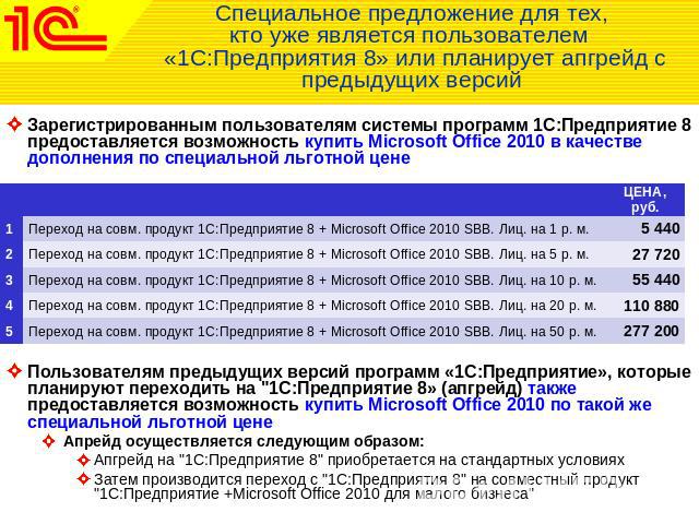 Специальное предложение для тех, кто уже является пользователем «1С:Предприятия 8» или планирует апгрейд с предыдущих версий Зарегистрированным пользователям системы программ 1С:Предприятие 8 предоставляется возможность купить Microsoft Office 2010 …