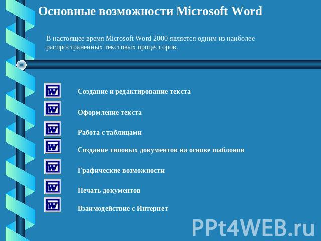 Основные возможности Microsoft Word В настоящее время Microsoft Word 2000 является одним из наиболее распространенных текстовых процессоров.