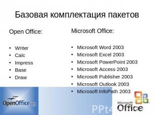 Базовая комплектация пакетов Open Office:WriterCalcImpressBaseDrawMicrosoft Offi