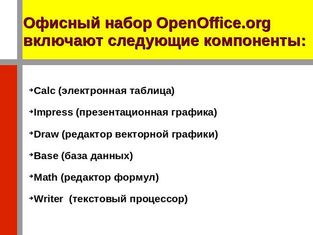 Офисный набор OpenOffice.org включают следующие компоненты: Calc (электронная таблица)Impress (презентационная графика)Draw (редактор векторной графики)Base (база данных)Math (редактор формул)Writer (текстовый процессор)