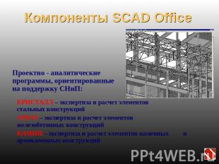 Компоненты SCAD Office Проектно - аналитические программы, ориентированные на по