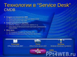 Технологии в “Service Desk” CMDB Создано на технологии SDMОбщая meta-model и cor