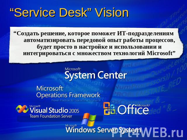 “Service Desk” Vision “Создать решение, которое поможет ИТ-подразделениям автоматизировать передовой опыт работы процессов, будет просто в настройке и использовании и интегрироваться с множеством технологий Microsoft”