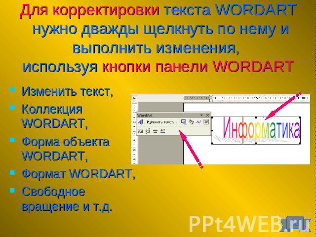 Для корректировки текста WORDART нужно дважды щелкнуть по нему и выполнить изменения, используя кнопки панели WORDART Изменить текст, Коллекция WORDART, Форма объекта WORDART, Формат WORDART, Свободное вращение и т.д.