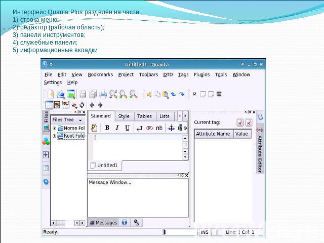 Интерфейс Quanta Plus разделён на части:1) строка меню;2) редактор (рабочая область);3) панели инструментов;4) служебные панели;5) информационные вкладки