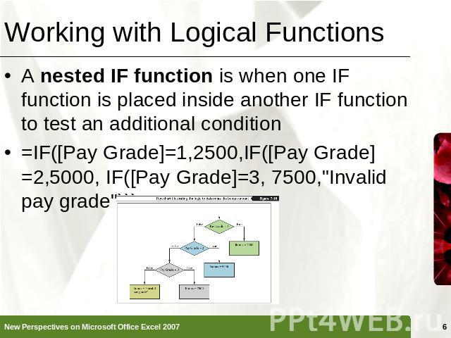 Working with Logical Functions A nested IF function is when one IF function is placed inside another IF function to test an additional condition=IF([Pay Grade]=1,2500,IF([Pay Grade]=2,5000, IF([Pay Grade]=3, 7500,