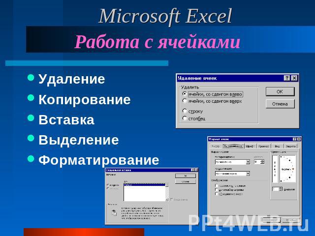 Microsoft Excel Работа с ячейками УдалениеКопирование ВставкаВыделениеФорматирование