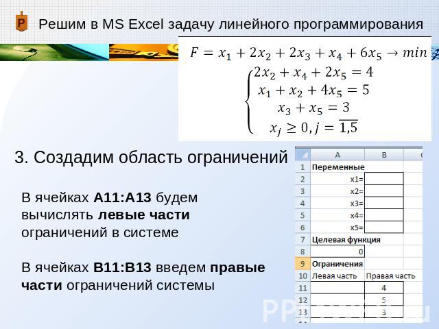 Решим в MS Excel задачу линейного программирования 3. Создадим область ограниченийВ ячейках А11:А13 будем вычислять левые части ограничений в системеВ ячейках В11:В13 введем правые части ограничений системы