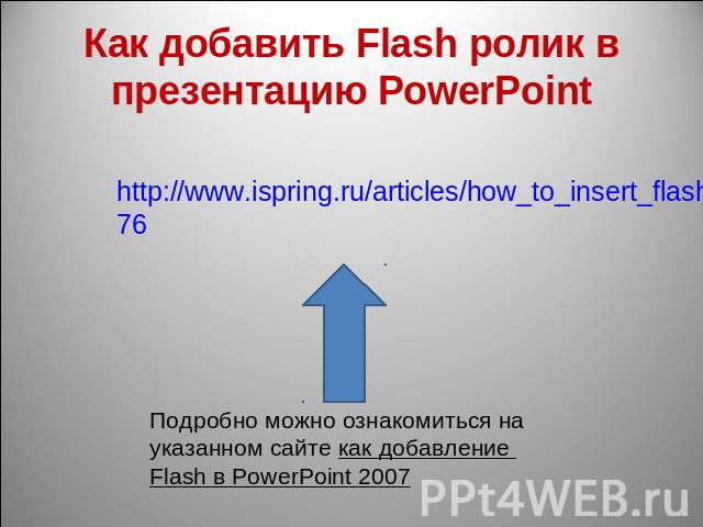 Как добавить Flash ролик в презентацию PowerPoint http://www.ispring.ru/articles/how_to_insert_flash_into_powerpoint_2007.html76Подробно можно ознакомиться на указанном сайте как добавление Flash в PowerPoint 2007