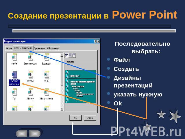 Создание презентации в Power Point Последовательно выбрать:ФайлСоздатьДизайны презентацийуказать нужнуюOk