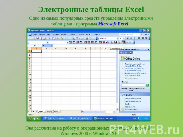Электронные таблицы ExcelОдно из самых популярных средств управления электронными таблицами - программа Microsoft Excel . Она рассчитана на работу в операционных системах Windows 98, Windows 2000 и Windows XP.