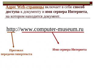 Адрес Web-страницы включает в себя способ доступа к документу и имя сервера Инте