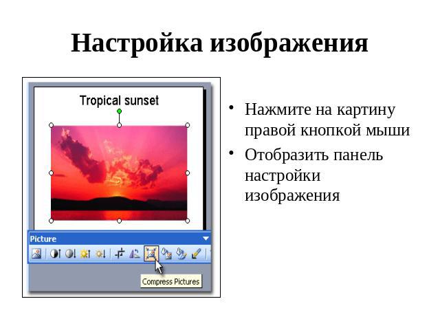 Настройка изображения Нажмите на картину правой кнопкой мышиОтобразить панель настройки изображения