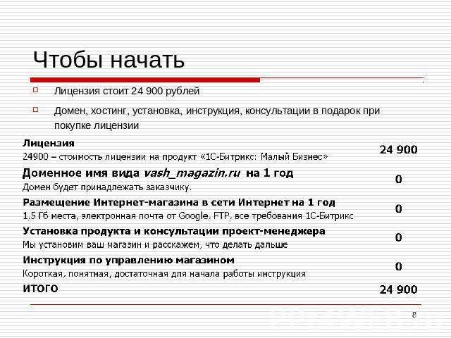 Чтобы начать Лицензия стоит 24 900 рублейДомен, хостинг, установка, инструкция, консультации в подарок при покупке лицензии