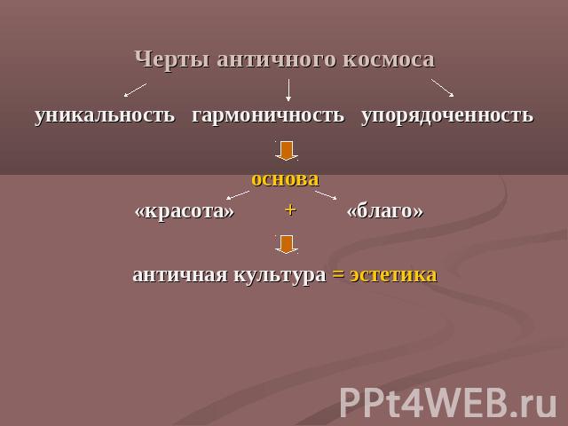 Черты античного космоса уникальность гармоничность упорядоченностьоснова «красота» + «благо»античная культура = эстетика