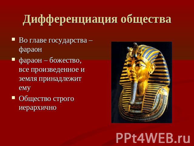 Дифференциация общества Во главе государства – фараонфараон – божество, все произведенное и земля принадлежит емуОбщество строго иерархично