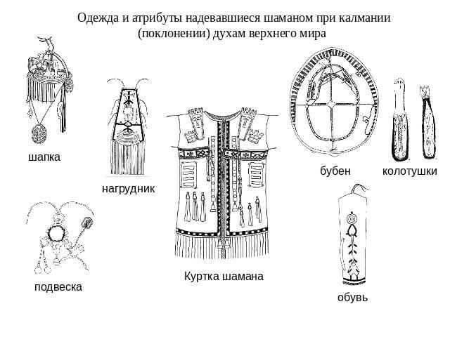 Одежда и атрибуты надевавшиеся шаманом при калмании (поклонении) духам верхнего мира