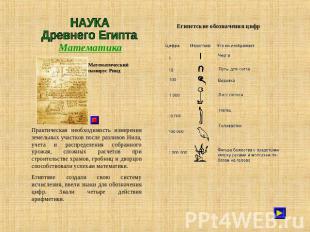 НАУКАДревнего ЕгиптаМатематикаМатематический папирус РиндПрактическая необходимо